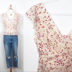H&M Peplum Ruffle Red White Floral Blouse sz 12